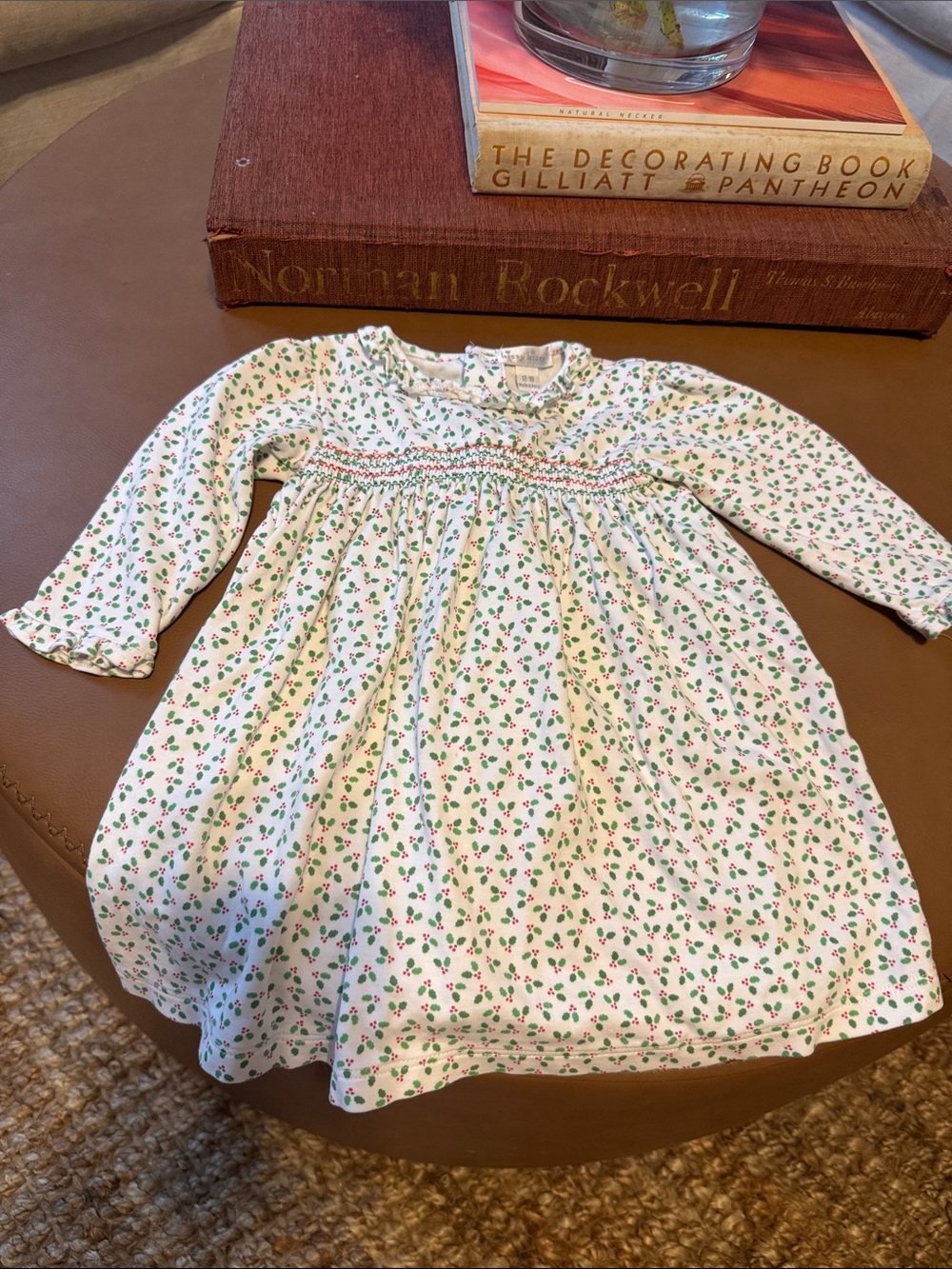 Kissy Kissy White Baby Dress with Green Holly and Red Berry Print